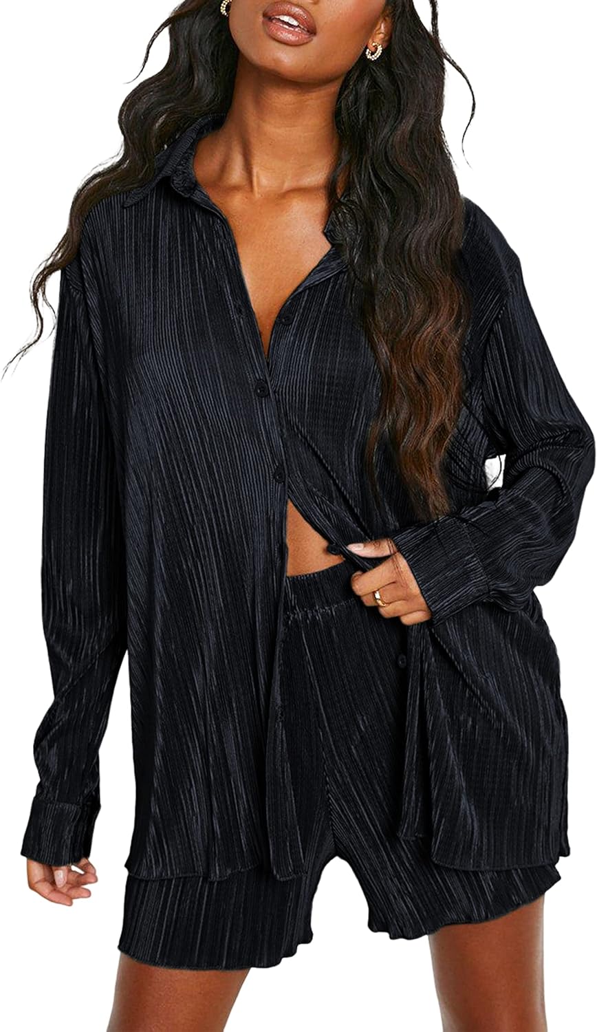 ZAFIRA | 2-delig zomeroutfit voor dames, geplooide blouse met knopen en high-waist shorts