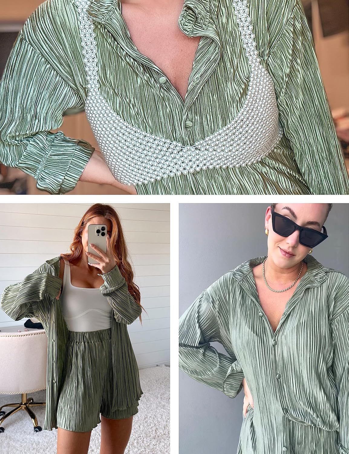 ZAFIRA | 2-delig zomeroutfit voor dames, geplooide blouse met knopen en high-waist shorts
