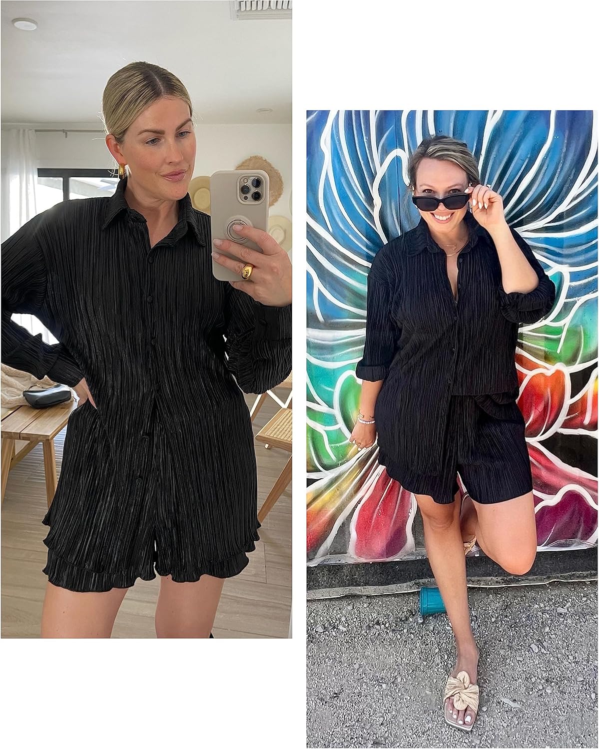 ZAFIRA | 2-delig zomeroutfit voor dames, geplooide blouse met knopen en high-waist shorts